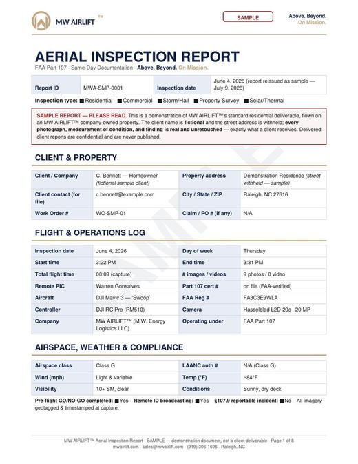 Sample roof inspection report — cover page